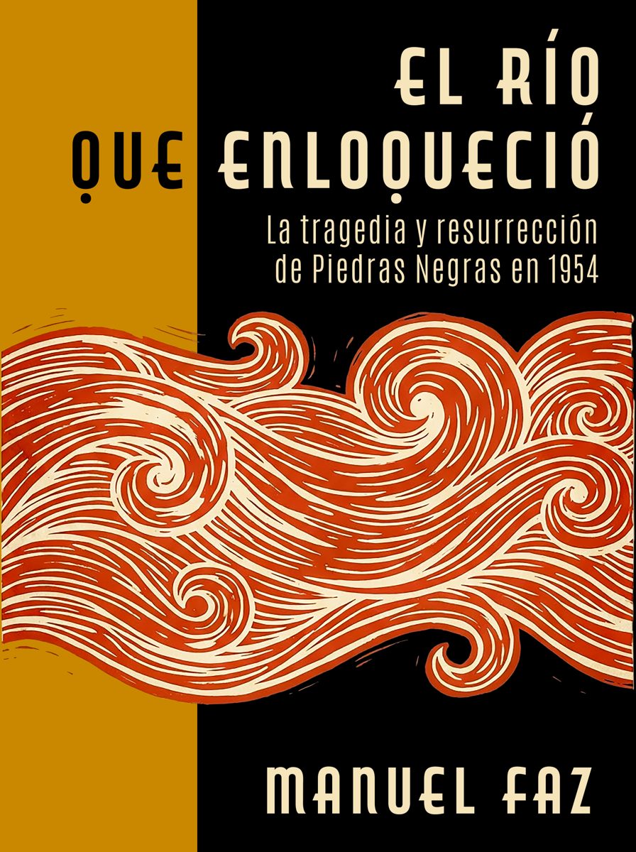 Portada de El río que enloqueció, de Manuel Faz: grabado en linóleo de una ola roja sobre fondo mostaza y negro